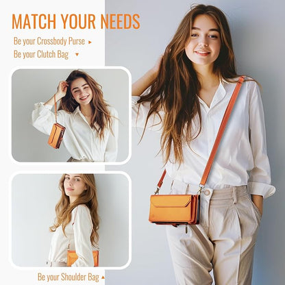 Strapurs Wallet Case Compatible with iPhone 17 Pro 6.3" RFID Blocking 9-Card Holder Soft PU Leather Magnetic Snap Shoulder Strap Zipper Pocket Phone Case Fit for iPhone 17 Pro for Women - Orange