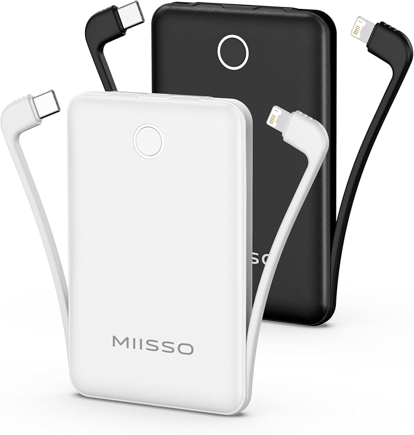 10000mAh Mini Portable Charger with Built in Cable, Pocket Size Power Bank Travel External Battery Pack for Phone, 3 Output USB Type C Cord Clutch Compatible with iPhone, Samsung, 2 Pack Black & White
