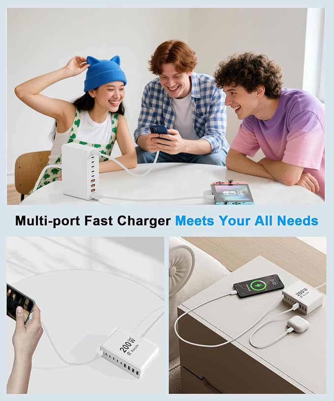 USB C Charging Station 10 Port with 4 Cables,200W GaN Type C Charger Block | Wall Charger Power Strip Adapter Plug for iPad iPhone17 16 15 14 13 12 Pro Max Pixel Note Galaxy White
