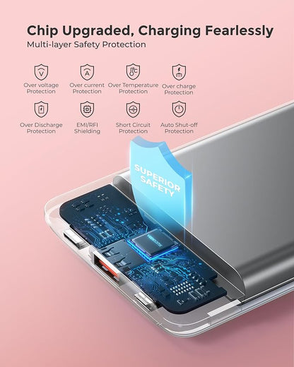 Portable Charger 10000mAh, Ultra Slim Power Bank Fast Charging with Attached USB C Cable, Travel Essential Phone Power Bank Battery Pack for iPhone 17/16/15/14 Samsung S25 Google etc, Pink