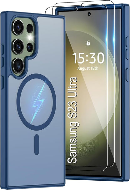 For Samsung Galaxy S23 Ultra Case [Compatible with Magsafe] Translucent Matte Magnetic Phone Case,Slim Thin Duty Shockproof Protection Cover with 2pc Screen Protector Case for S 23 Ultra-Dark blue