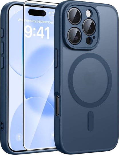 FNTCASE for iPhone 16 Pro Max Case: [Compatible with Magsafe] Translucent Matte Cases with [Full Camera Protection] [Screen Protector] Military Grade Shockproof Protective Phone Cover - Blue