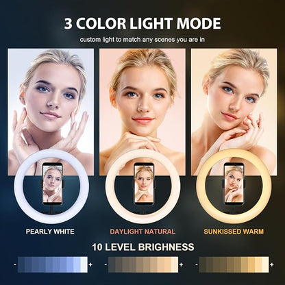 Ring Light with Stand and Phone Holder, 10'' LED Selfie Ring Light with Tripod (17''-73'') Bluetooth Remote for iPad/Tablet/Video Recording/Live Stream/Makeup/YouTube/Photography, 3 Color Modes