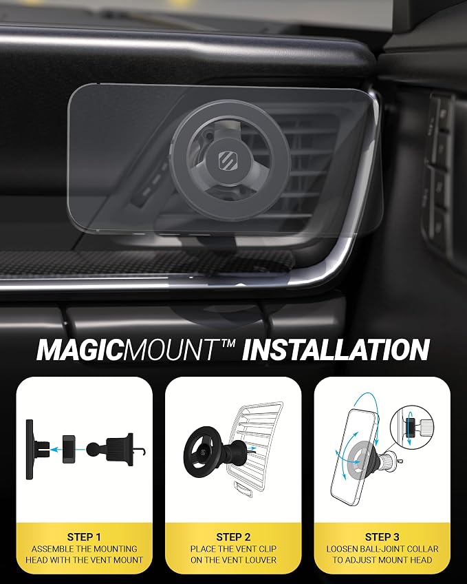 Scosche MagSafe Car Mount Vent, Magnetic Phone Holder for Car with Strong Magnets and Secure Twist-Lock Vent Clip, 360° Rotatable Car Phone Holder for iPhone 17 16 15 14 13 12, Includes Magnetic Ring