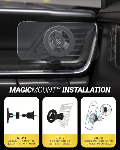 Scosche MagSafe Car Mount Vent, Magnetic Phone Holder for Car with Strong Magnets and Secure Twist-Lock Vent Clip, 360° Rotatable Car Phone Holder for iPhone 17 16 15 14 13 12, Includes Magnetic Ring