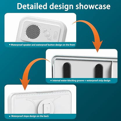 Waterproof Shower Phone Holder with Bluetooth Speaker, Touch Screen Phone Case for Shower, Wall Mounted Phone Holder with 360° Rotation, IPX5 Water Resistant (White)