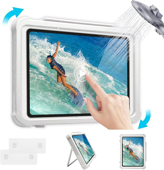 Shower Tablet Holder with HD&Touchable Screen, Anti-Fog Waterproof iPad Shower Mount, 2 Placement Modes, Compatible with iPad iPhone Tablet Under 11 in,White