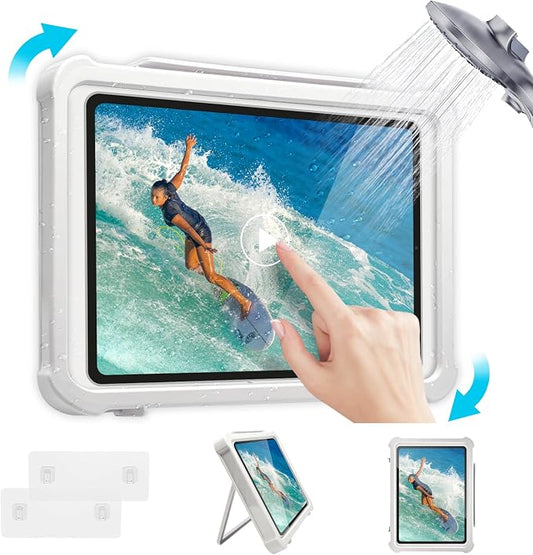 Shower Tablet Holder with HD&Touchable Screen, Anti-Fog Waterproof iPad Shower Mount, 2 Placement Modes, Compatible with iPad iPhone Tablet Under 11 in,White