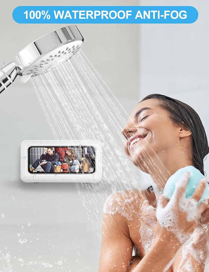 KUNSLUCK Shower Phone Holder, Waterproof Anti-Fog Touch Screen Case, Wall Mount for Bathroom Mirror Bathtub, Compatible with 4.7"-6.8" Mobile Phones (White)