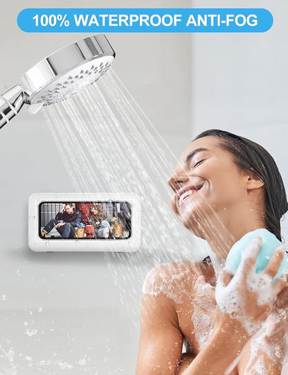 KUNSLUCK Shower Phone Holder, Waterproof Anti-Fog Touch Screen Case, Wall Mount for Bathroom Mirror Bathtub, Compatible with 4.7"-6.8" Mobile Phones (White)