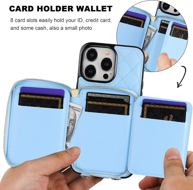 Bocasal Crossbody Wallet Case for iPhone 15 Pro Max, RFID Blocking PU Leather Zipper Handbag Purse Flip Cover, Kickstand Folio Case with Card Slots Holder Wrist Strap Lanyard 5G 6.7 Inch (Blue)