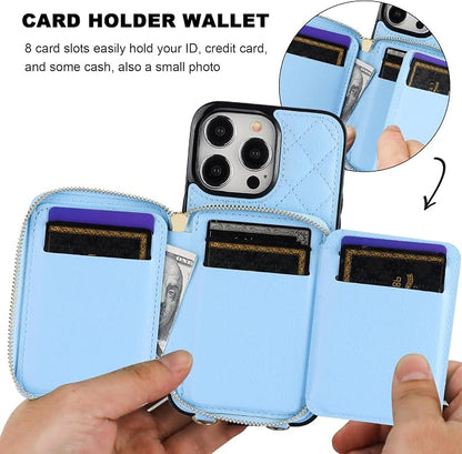 Bocasal Crossbody Wallet Case for iPhone 15 Pro Max, RFID Blocking PU Leather Zipper Handbag Purse Flip Cover, Kickstand Folio Case with Card Slots Holder Wrist Strap Lanyard 5G 6.7 Inch (Blue)