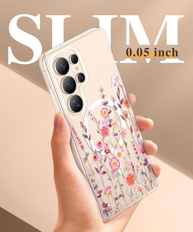 GVIEWIN for Samsung Galaxy S26 Ultra Case Compatible with MagSafe, Clear Floral Shockproof Protective Women Phone Case, Non-Yellowing, Screen&Camera Lens Protector for S26 Ultra 6.9",Floratopia/Orange