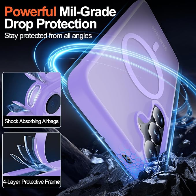 MOZOTER for Samsung Galaxy S25 Case with Magnetic,[Compatible with MagSafe][15Ft Military Dropproof][2*Screen Protector] Translucent Matte Anti-Slip Back Slim Shockproof Case for S25,(Purple)