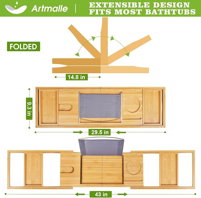 Artmalle Bathtub Caddy Tray for Tub,Foldable Bamboo Bath Table Tray with Book and Wine Glass Holder, Free Soap Dish Suitable for Luxury Spa or Reading,Natural