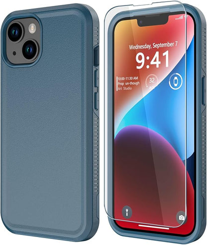 Diverbox for iPhone 14 Case [Shockproof] [Dropproof] [Tempered Glass Screen + Camera Lens Protector],Heavy Duty Protection Phone Case for Apple iPhone 14 (Blue-2in1)
