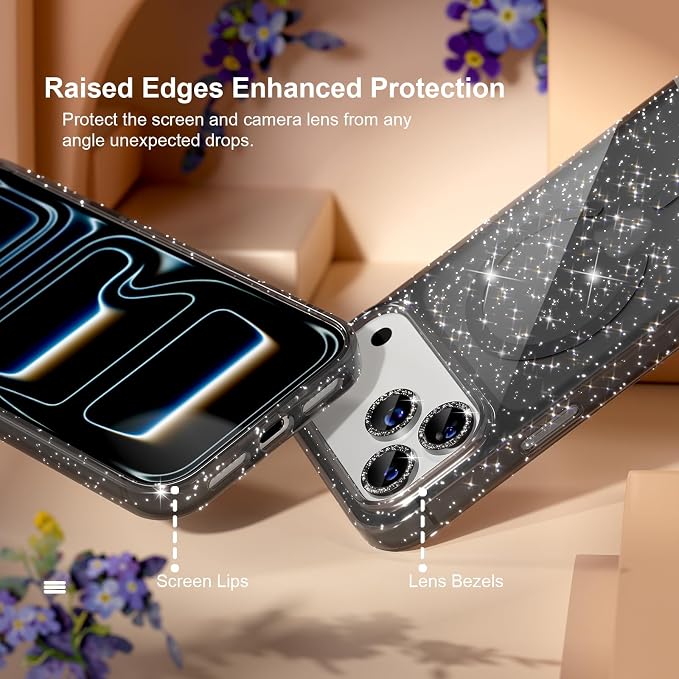Choiche Magnetic for iPhone 17 Pro Case Compatible with MagSafe, Women Cute Glitter Sparkly Phone Case with Diamond Camera Lens Protectors, Military-Grade Drop Protection 6.3" (Black)