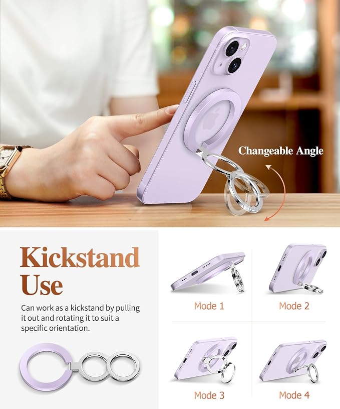 GVIEWIN Magnetic Phone Ring Holder, Compatible with MagSafe Phone Grip with Adjustable Stand, Magnet Phone Ring Kickstand for iPhone 17/16/15/14/13/12 Pro Max Plus Air/Other Phones (Lilac)