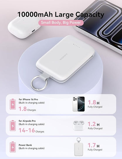 RORRY Portable Charger, 10000mAh PD 30W Fast Charging Portable Charger Power Bank with Built-in Cables, Travel Keychain Charger Battery Pack for iPhone 17/16/15/14/13/12, for AirPods 2/3/4/Pro, Purple