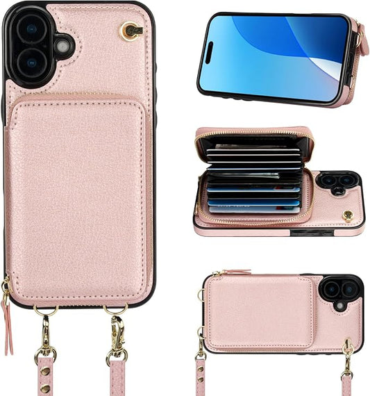 Bocasal Crossbody Wallet Case for iPhone 16 Plus, RFID Blocking Leather Purse Case with Card Holder, Protective Handbag Flip Cover with Zipper Wrist Strap Lanyard for Women 5G 6.7 Inch (Rose Gold)