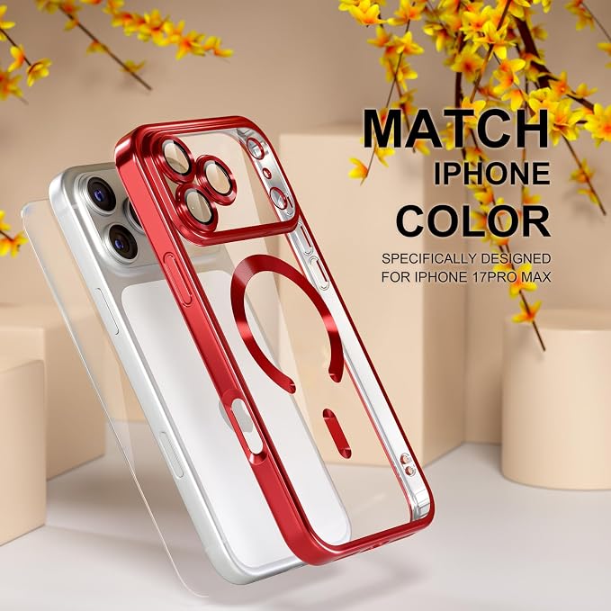 Misea Magnetic for iPhone 17 Pro Max Case Compatible with MagSafe [Never Yellowing] [Military Grade Drop Protection] Full Camera Lens Protector Plating Soft Clear Phone Case for Women, Red