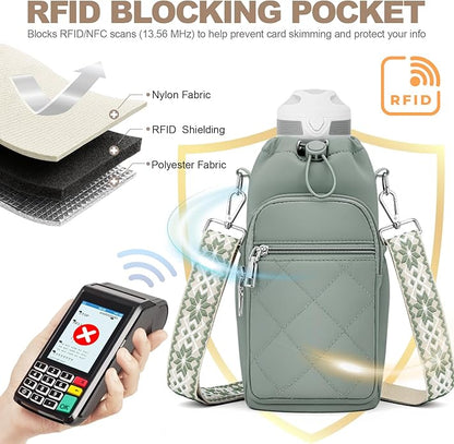 SYTRAH Water Bottle Carrier Bag with Strap, Water Bottle Purse with Phone Pocket 40oz for Walking Hiking