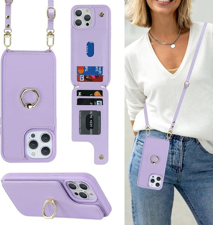 Lipvina for iPhone 13 Pro Case with Card Holder and Strap for Women,Crossbody Lanyard,RFID Blocking,Kickstand Ring Stand,Snap Clasp,Phone Wallet Cases 6.1 inch(Purple)