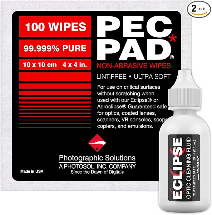PEC-PAD Lint Free Wipes and Eclipse Optic Cleaning Solution - Non-Abrasive 4" x 4" Lens Wipes for Phone, Camera, Computer, and All Sensitive Glass - Cleaning Kit - (59ml) 2oz