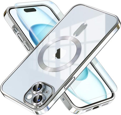 Misea Magnetic for iPhone 15 Plus Case Compatible with MagSafe [Never Yellowing] [Military Grade Drop Protection] Full Camera Lens Protector Plating Soft Clear Phone Case for Women, Silver