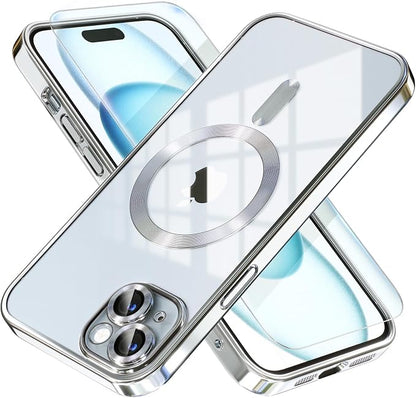 Misea Magnetic for iPhone 15 Case Compatible with MagSafe [Never Yellowing] [Military Grade Drop Protection] Full Camera Lens Protector Plating Soft Clear Phone Case for Women, Silver