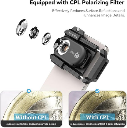APEXEL 3-in-1 Phone Microscope Lens, PhoneMicro 5 Series 100X/150X/200X Phone Micro Lens for Android/iPhone with LED Light/CPL/Universal Clip, Phone Lens Attachment Mini Pocket Microscope Camera