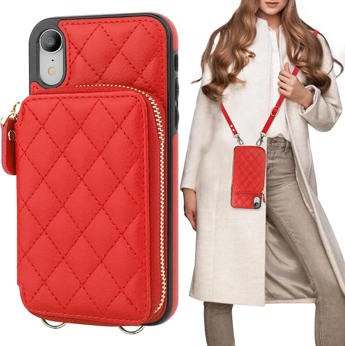 Bocasal Crossbody Wallet Case for iPhone Xr, RFID Blocking PU Leather Zipper Handbag Purse Flip Cover, Kickstand Folio Case with Card Slots Holder Wrist Strap Lanyard 6.1 Inch (Red)