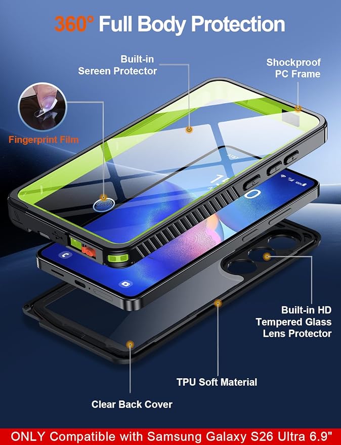 MOZOTER Designed for Samsung Galaxy S26 Ultra Case Waterproof, Military Shockproof Full Body Cover with Built-in Screen & Lens Protector, IP68 Underwater Protection for S26 Ultra 6.9" Green