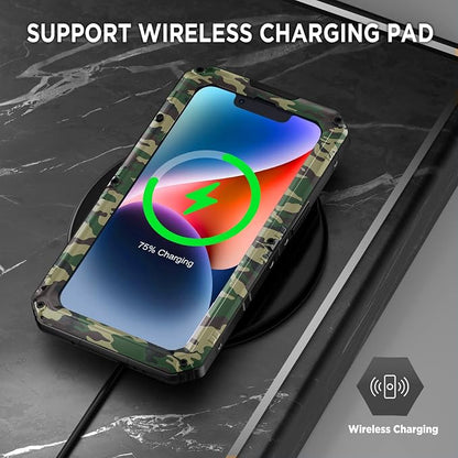 Beasyjoy for iPhone 14 Plus Case, IP68 Waterproof Metal Heavy Duty Defender Case with Built-in Screen Protector, Military Grade Full Body Protective Defender Shockproof Rugged Cover 6.7 Inch, Camo