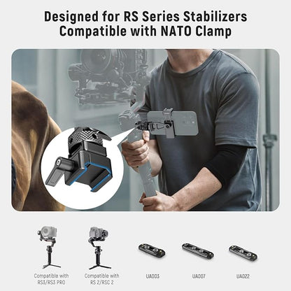 NEEWER Metal Phone Tripod Mount with Cold Shoe NATO Clamp Compatible with DJI RS5 RS4 RS3 Pro RS2 RSC2 Gimbal Stabilizer, 180° Tilt Phone Clip Holder Compatible with iPhone 15 Pro Camera Cage, GA010