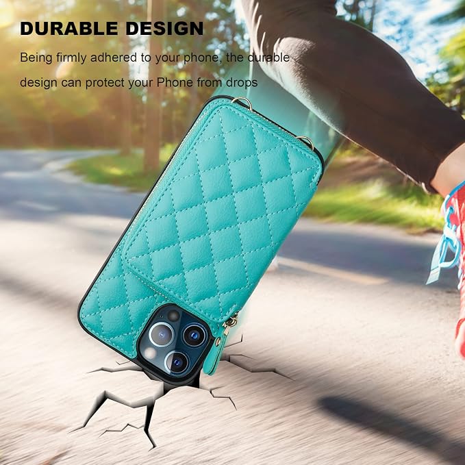 Bocasal Crossbody Wallet Case for iPhone 13 Pro Max, RFID Blocking PU Leather Zipper Handbag Purse Flip Cover, Kickstand Folio Case with Card Slots Holder Wrist Strap Lanyard 5G 6.7 Inch (Mint Green)