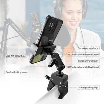 Clip Phone Holder for Desk,Pole,Pipe,Boom,Flat Surface with Adjustable Aluminium Arm Phone Clamp Mount for Mic Stand,Treadmill Compatible with All 4-7” Cell Phone (Short-Aluminium Arm Phone Holder)