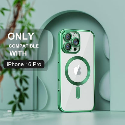 Misea Magnetic for iPhone 16 Pro Case Compatible with MagSafe [Never Yellowing] [Military Grade Drop Protection] Full Camera Lens Protector Plating Soft Clear Phone Case for Women 6.3", Green