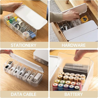 PAVSTINE Cable Organizer Storage Box with 7 Wire Ties,Desktop Cable Management Box with Lid,Power Cord Organizer with 7 Compartments for Office,Home,Desk Accessories Storage Stationery Supplies White