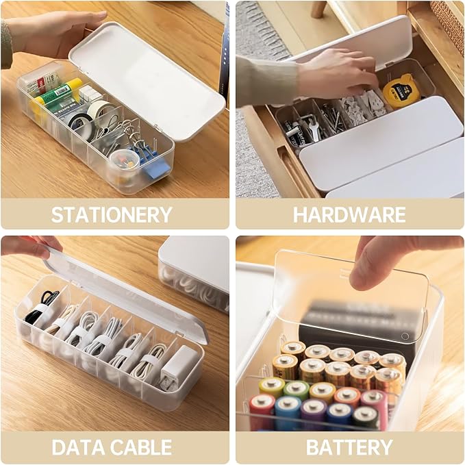 PAVSTINE 2 Pcs Cable Organizer Storage Box with Lid, 14 Wire Ties, White | Adjustable Dividers, Holds Power Cords & Charger, Dust-Proof, Desktop Accessories & Stationery Storage for Home & Office