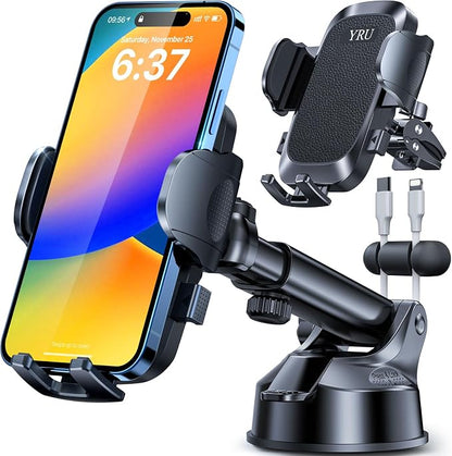 YRU [True Upgrade for Safety] Car Phone Holder Mount [Patent & Military-Grade] Dashboard Cell Phone Holder for Car Vent Windshield Phone Stand for iPhone 17 16 15 14 13 Pro Max Truck Samsung, Black