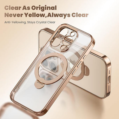 Desert Titanium for iPhone 15 Pro Max Case With 360° Spin Magnetic Stand,[Compatible With Magsafe] [Military Protection][Built-in Ring Holder]Shockproof Phone Case for 15 Pro Max,Rose Gold/Clear