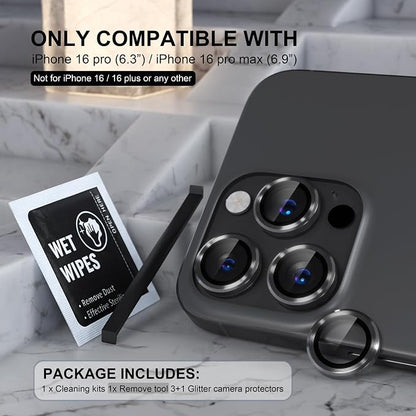 Choiche Compatible for iPhone 16 Pro/iPhone 16 Pro Max Camera Lens Protector, 9H Tempered Glass Camera Cover Screen Protector Metal Ring Decoration Accessories (Black)
