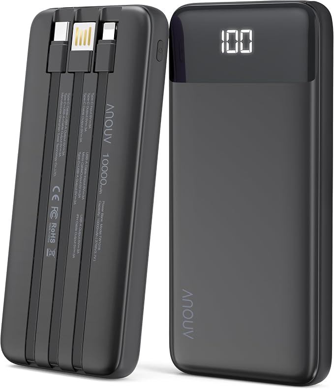 Portable Charger with Built-in Cables 10000mAh Power Bank with Cords, Slim Battery Pack with LED Display, Travel Essential Portable Charger for iPhone 17/16/15/14 Series, Android Samsung Google Pixel