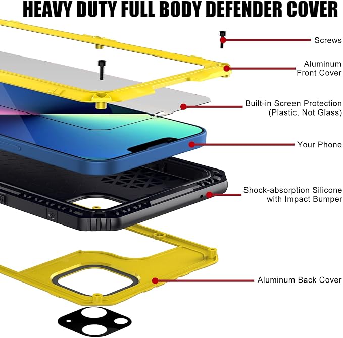 Mitywah Waterproof Case for iPhone 13, Heavy Duty Military Grade Drop Protection Phone Case with Built-in Screen Protector, 360° Full Body Protection Metal Armor Dropproof Case 6.1 inch, Yellow
