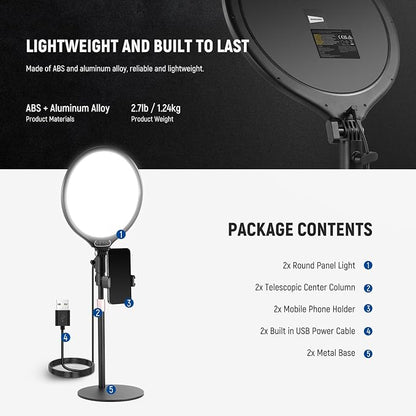 NEEWER Basics 2 Pack 10.5" Desktop LED Ring Light with Stand for Desk/Phone Holder, 3000-6500K Full Screen 15W Panel Lighting for iPhone Recording Streaming Selfie Laptop Webcam Video Conference, R10
