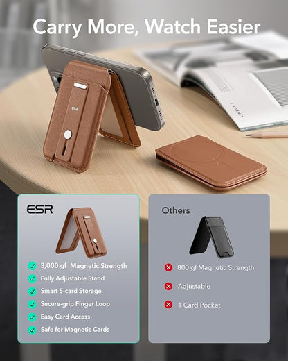ESR for MagSafe Wallet Stand with Grip, RFID Blocking, MagSafe Ring Included, 5 Cards Holder for Phone Case, Magnetic Wallet for iPhone 17e/17/16/15/14/13/12 (Not for mini), Selected Samsung, Brown