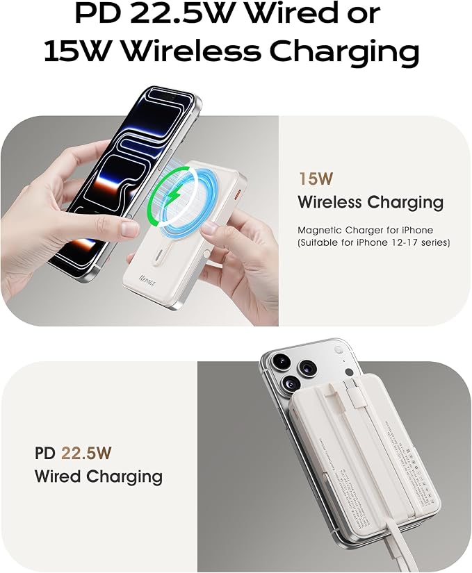 for Magsafe Portable Charger, 10000mAh Power Bank, Creamy White | PD 22.5W Fast Charging with USB-C Cable, Foldable Stand, Magnetic Wireless Charger for iPhone 17/16/15/14/13/12 Series