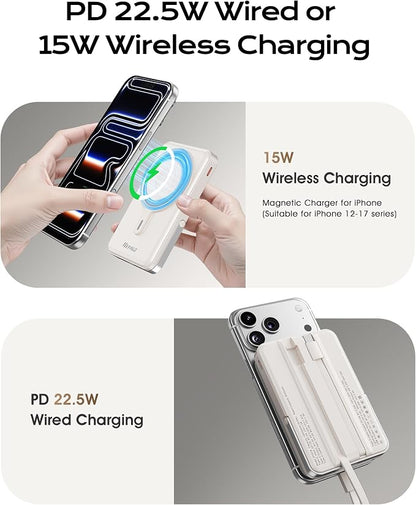for Magsafe Portable Charger, 10000mAh Power Bank, Creamy White | PD 22.5W Fast Charging with USB-C Cable, Foldable Stand, Magnetic Wireless Charger for iPhone 17/16/15/14/13/12 Series