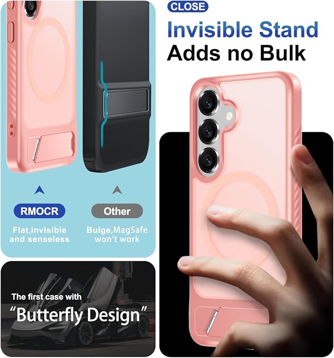 RMOCR for Samsung Galaxy S25 Case with Screen Protector+Lanyard Wrist Strap,Magnetic Translucent Matte Rugged Slim Phone Cover Built in Invisible Kickstand [Fit for MagSafe],2025 Cute Pink
